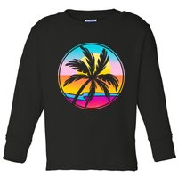 Retro Ocean Sun Palm Tree Emblem Toddler Long Sleeve Shirt