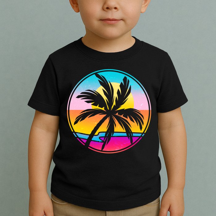 Retro Ocean Sun Palm Tree Emblem Toddler T-Shirt