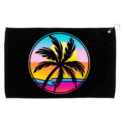 Retro Ocean Sun Palm Tree Emblem Grommeted Golf Towel