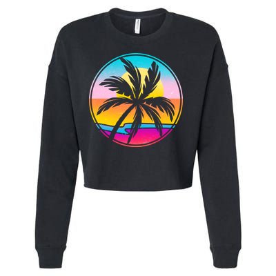 Retro Ocean Sun Palm Tree Emblem Cropped Pullover Crew
