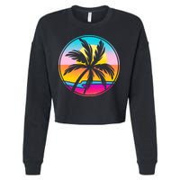 Retro Ocean Sun Palm Tree Emblem Cropped Pullover Crew
