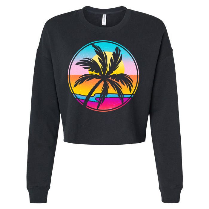Retro Ocean Sun Palm Tree Emblem Cropped Pullover Crew