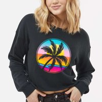 Retro Ocean Sun Palm Tree Emblem Cropped Pullover Crew