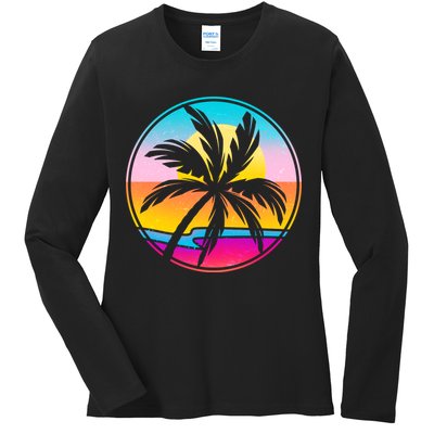 Retro Ocean Sun Palm Tree Emblem Ladies Long Sleeve Shirt