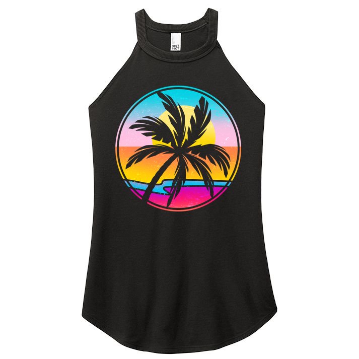 Retro Ocean Sun Palm Tree Emblem Women's Perfect Tri Rocker Tank