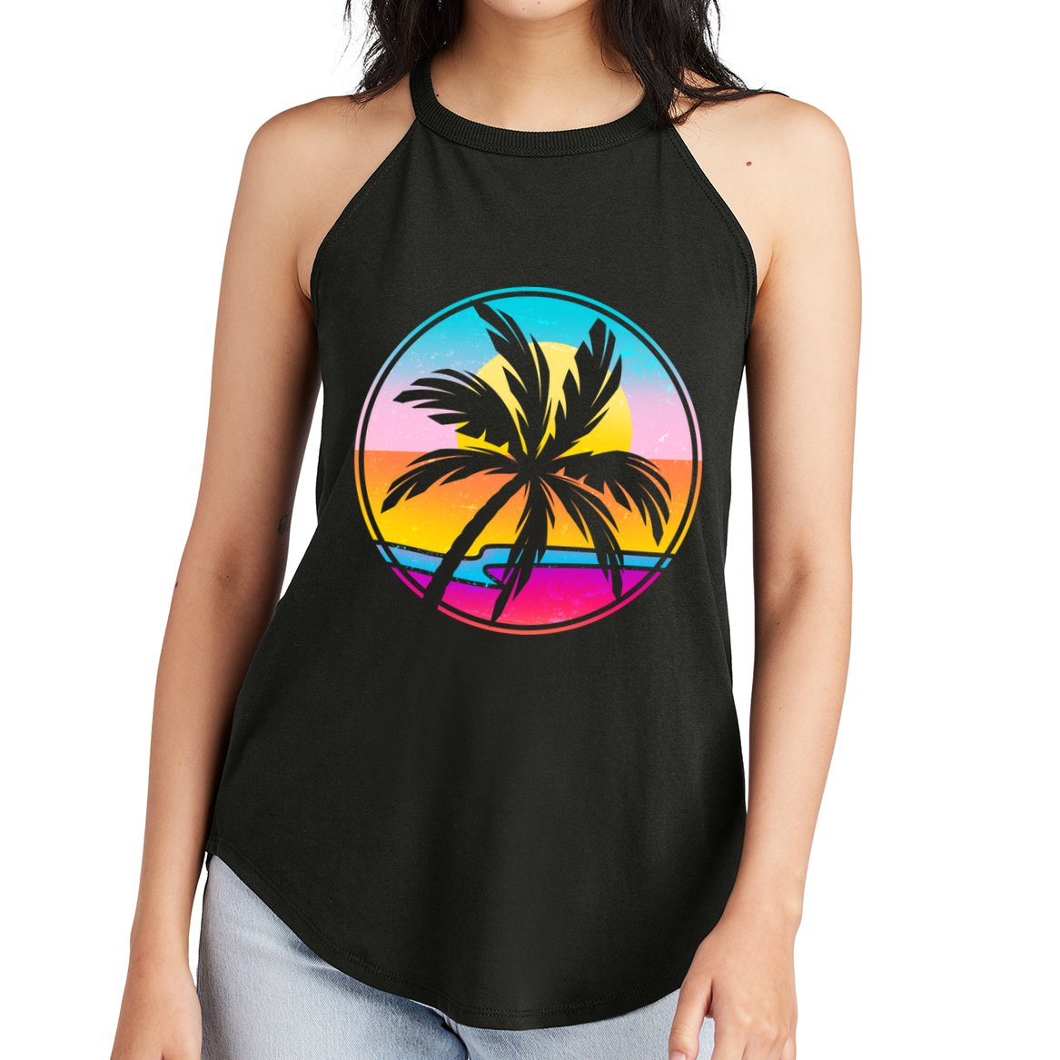 Retro Ocean Sun Palm Tree Emblem Women's Perfect Tri Rocker Tank