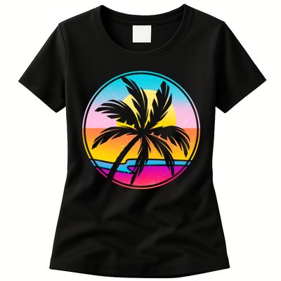 Retro Ocean Sun Palm Tree Emblem Womens T-Shirt
