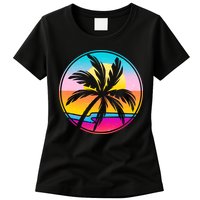 Retro Ocean Sun Palm Tree Emblem Womens T-Shirt