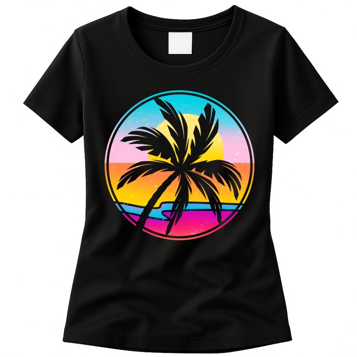 Retro Ocean Sun Palm Tree Emblem Womens T-Shirt