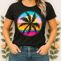 Retro Ocean Sun Palm Tree Emblem Womens T-Shirt