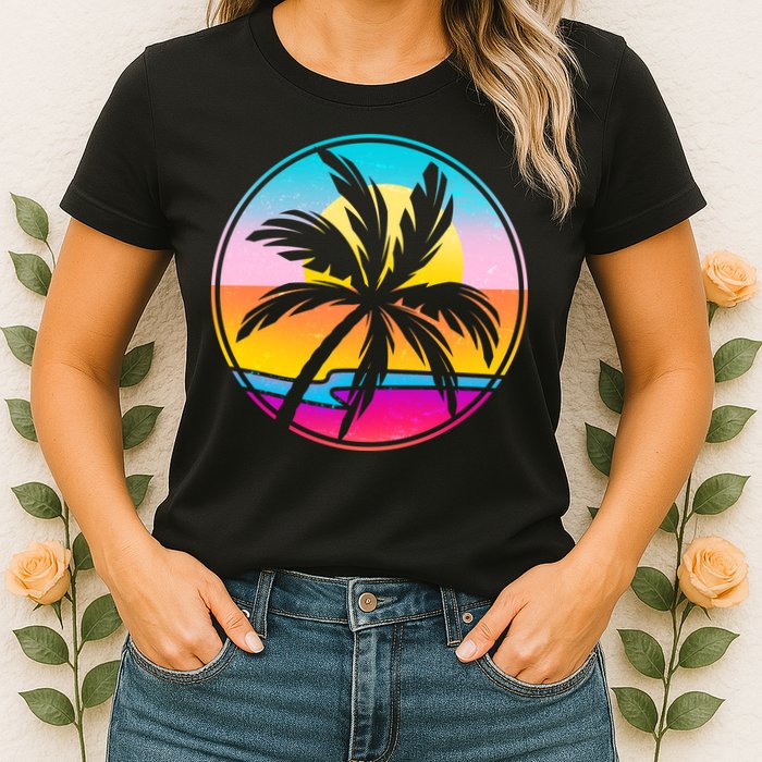 Retro Ocean Sun Palm Tree Emblem Womens T-Shirt