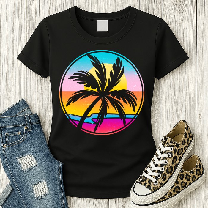 Retro Ocean Sun Palm Tree Emblem Womens T-Shirt
