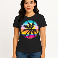 Retro Ocean Sun Palm Tree Emblem Womens T-Shirt