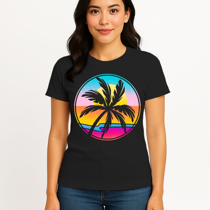 Retro Ocean Sun Palm Tree Emblem Womens T-Shirt