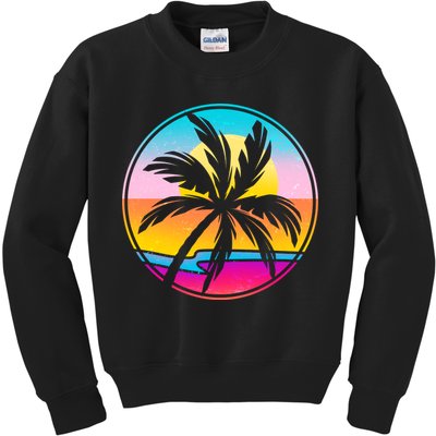 Retro Ocean Sun Palm Tree Emblem Kids Sweatshirt