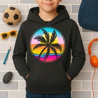 Retro Ocean Sun Palm Tree Emblem Kids Hoodie