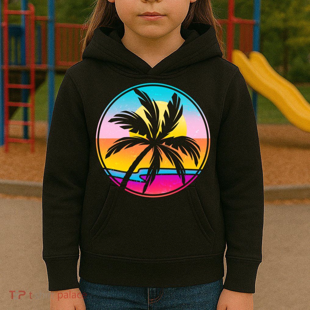 Retro Ocean Sun Palm Tree Emblem Kids Hoodie