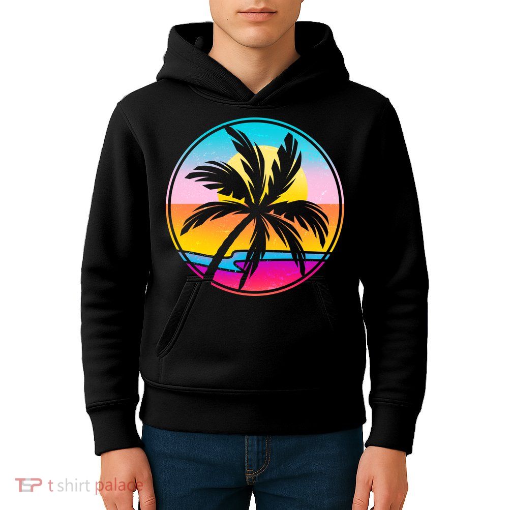Retro Ocean Sun Palm Tree Emblem Kids Hoodie