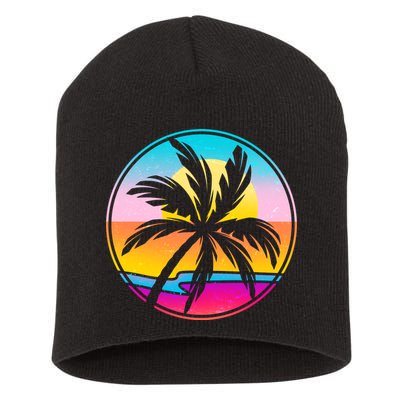 Retro Ocean Sun Palm Tree Emblem Short Acrylic Beanie