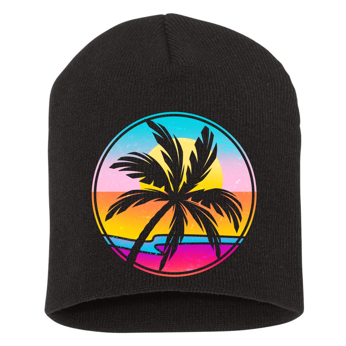 Retro Ocean Sun Palm Tree Emblem Short Acrylic Beanie
