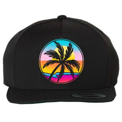 Retro Ocean Sun Palm Tree Emblem Wool Snapback Cap