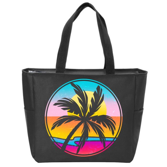 Retro Ocean Sun Palm Tree Emblem Zip Tote Bag