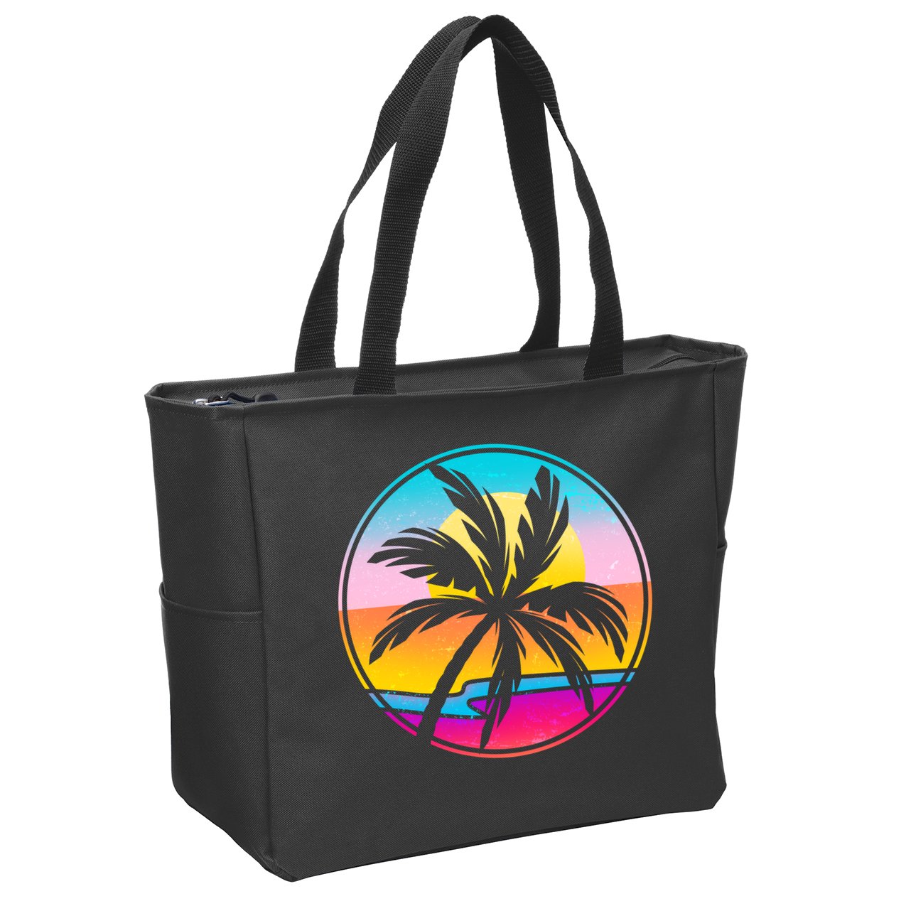 Retro Ocean Sun Palm Tree Emblem Zip Tote Bag