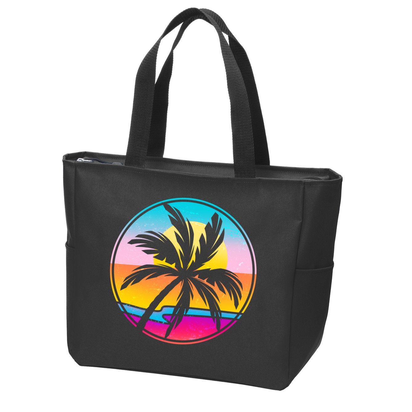 Retro Ocean Sun Palm Tree Emblem Zip Tote Bag