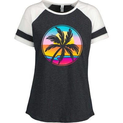 Retro Ocean Sun Palm Tree Emblem Enza Ladies Jersey Colorblock Tee