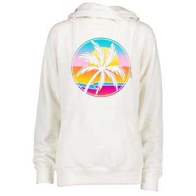 Retro Ocean Sun Palm Tree Emblem Womens Funnel Neck Pullover Hood