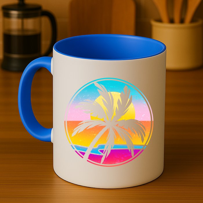 Retro Ocean Sun Palm Tree Emblem Mug