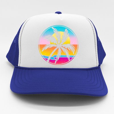 Retro Ocean Sun Palm Tree Emblem Trucker Hat