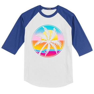 Retro Ocean Sun Palm Tree Emblem Kids Colorblock Raglan Jersey