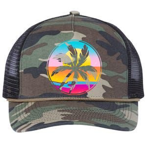 Retro Ocean Sun Palm Tree Emblem Retro Rope Trucker Hat Cap