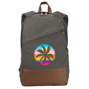 Retro Ocean Sun Palm Tree Emblem Cotton Canvas Backpack