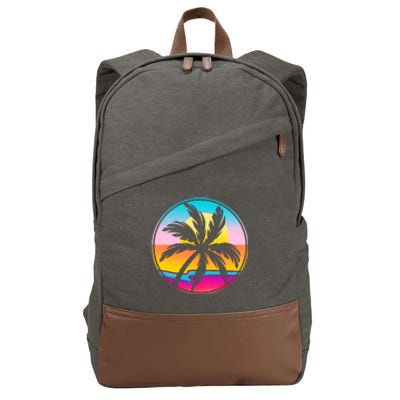 Retro Ocean Sun Palm Tree Emblem Cotton Canvas Backpack