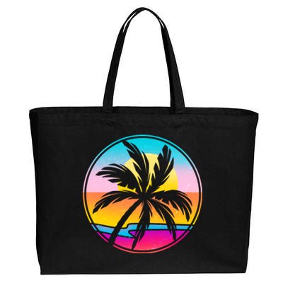 Retro Ocean Sun Palm Tree Emblem Cotton Canvas Jumbo Tote