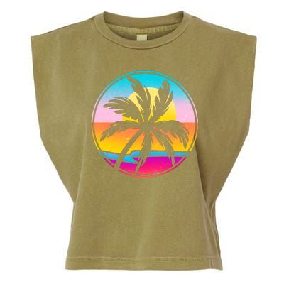 Retro Ocean Sun Palm Tree Emblem Garment-Dyed Women's Muscle Tee