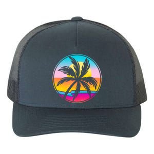 Retro Ocean Sun Palm Tree Emblem Yupoong Adult 5-Panel Trucker Hat