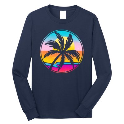 Retro Ocean Sun Palm Tree Emblem Long Sleeve Shirt