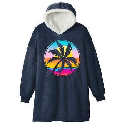 Retro Ocean Sun Palm Tree Emblem Hooded Wearable Blanket