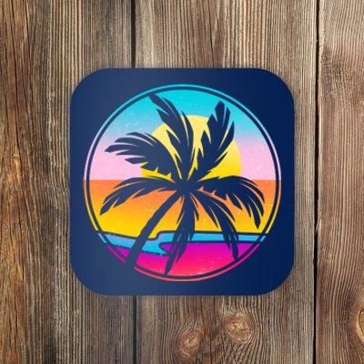 Retro Ocean Sun Palm Tree Emblem Coaster