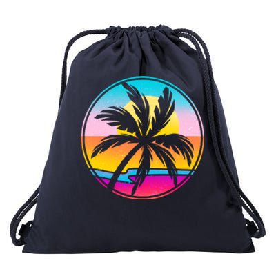 Retro Ocean Sun Palm Tree Emblem Drawstring Bag