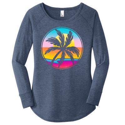 Retro Ocean Sun Palm Tree Emblem Women's Perfect Tri Tunic Long Sleeve Shirt