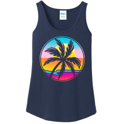 Retro Ocean Sun Palm Tree Emblem Ladies Essential Tank