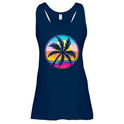 Retro Ocean Sun Palm Tree Emblem Ladies Essential Flowy Tank