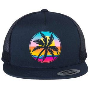 Retro Ocean Sun Palm Tree Emblem Flat Bill Trucker Hat