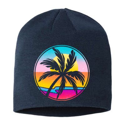 Retro Ocean Sun Palm Tree Emblem Sustainable Beanie