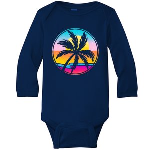 Retro Ocean Sun Palm Tree Emblem Baby Long Sleeve Bodysuit