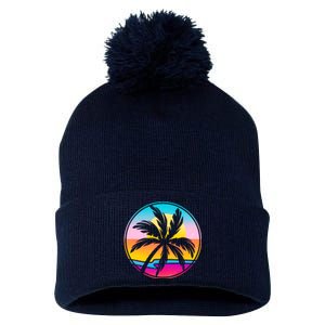 Retro Ocean Sun Palm Tree Emblem Pom Pom 12in Knit Beanie